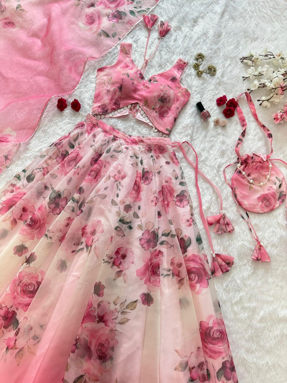 Elegant Pure Pink Organza Embroidered Lehenga Set with Dupatta & Batwa – Fully Stitched Blouse