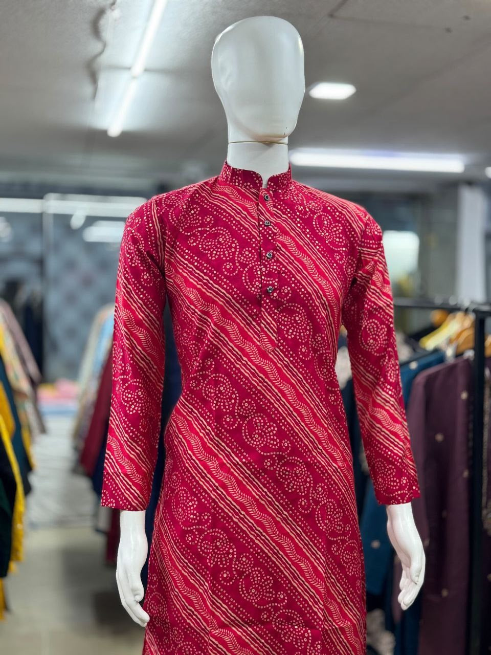Bright Bandhni Print Long Kurta in Premium Modal Silk β Festive Collection