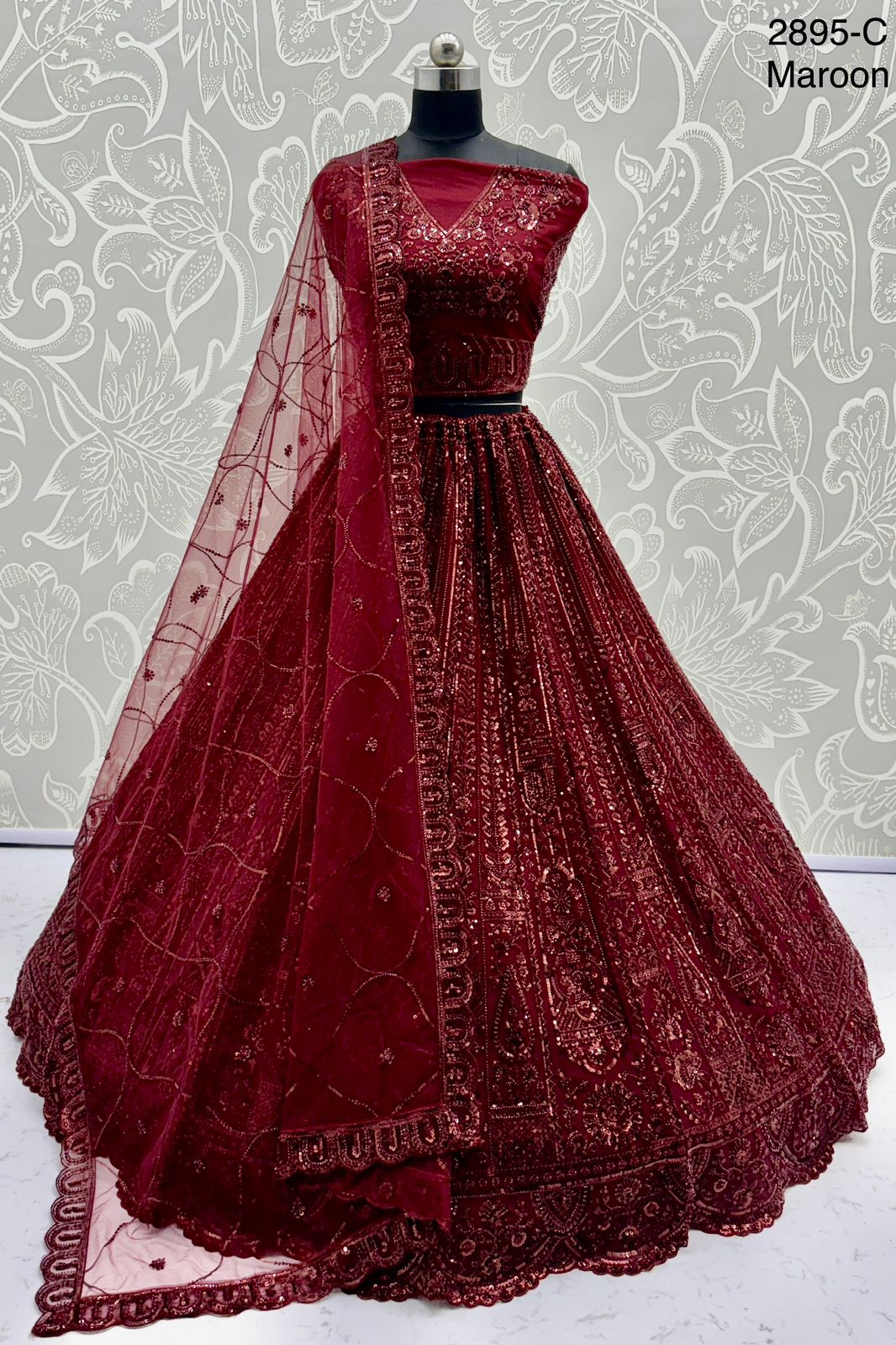 Exquisite Handwork Net Lehenga Choli – Motif, Sequin & Thread Embroidery