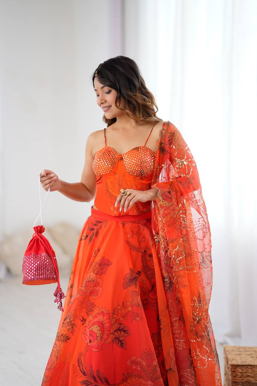 Orange Organza Embroidered Lehenga Set with Dupatta & Batwa – Fully Stitched Blouse