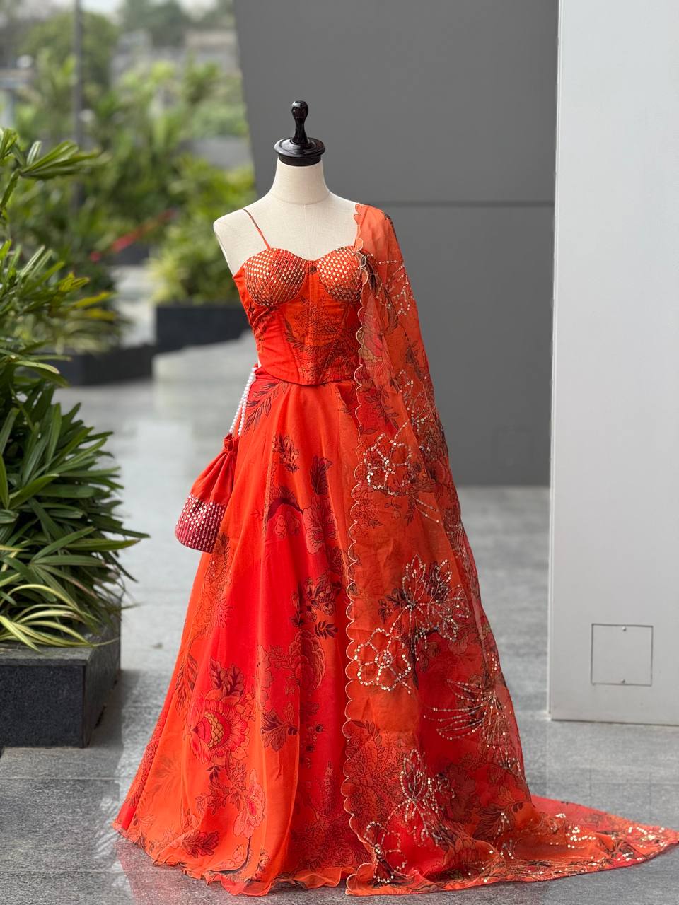 Orange Organza Embroidered Lehenga Set with Dupatta & Batwa – Fully Stitched Blouse
