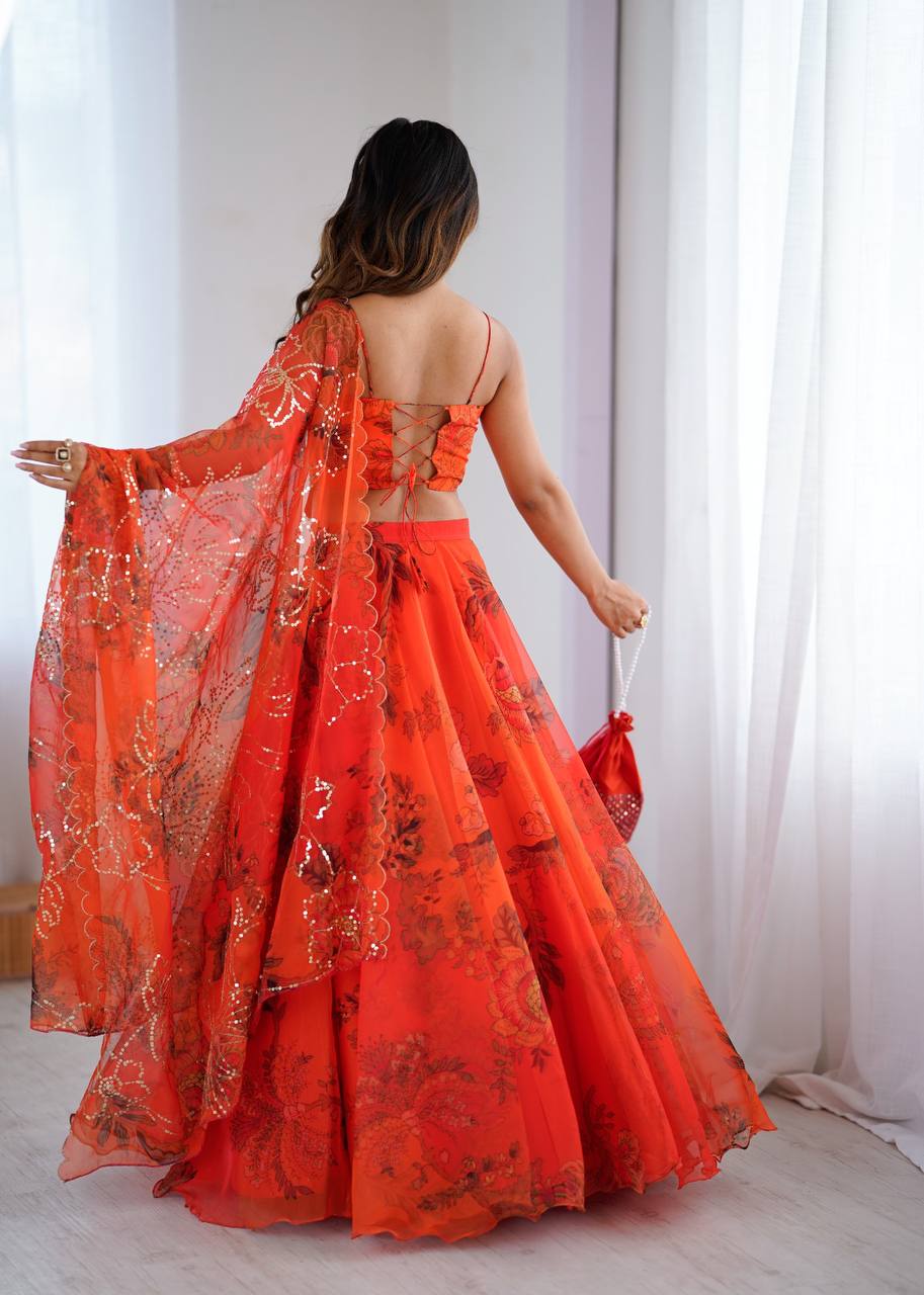 Orange Organza Embroidered Lehenga Set with Dupatta & Batwa – Fully Stitched Blouse