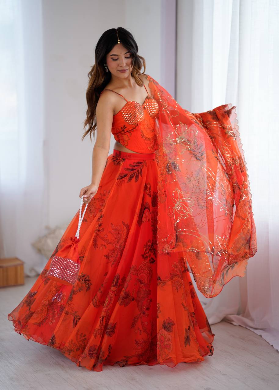 Orange Organza Embroidered Lehenga Set with Dupatta & Batwa – Fully Stitched Blouse