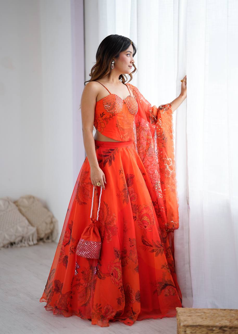Orange Organza Embroidered Lehenga Set with Dupatta & Batwa – Fully Stitched Blouse