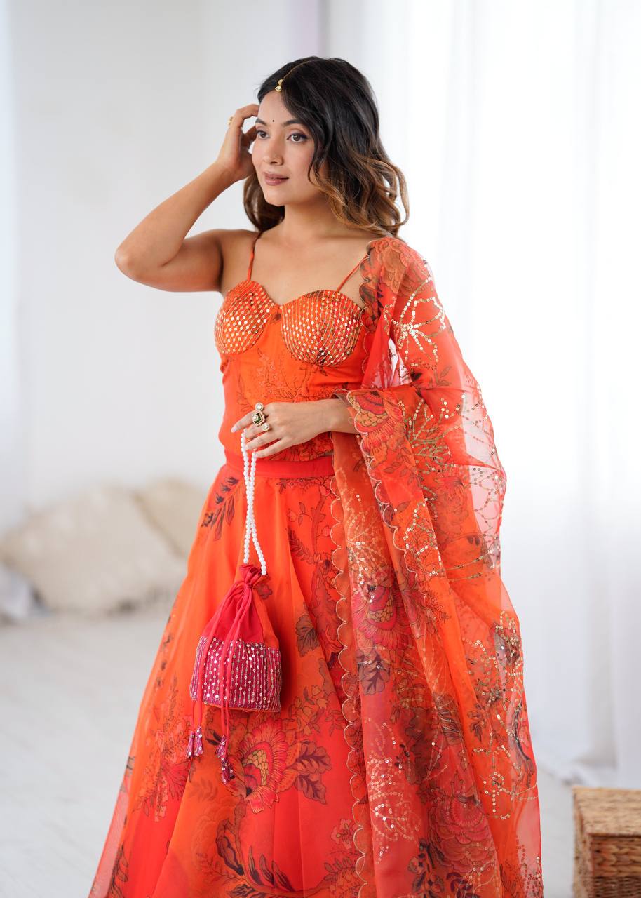 Orange Organza Embroidered Lehenga Set with Dupatta & Batwa – Fully Stitched Blouse