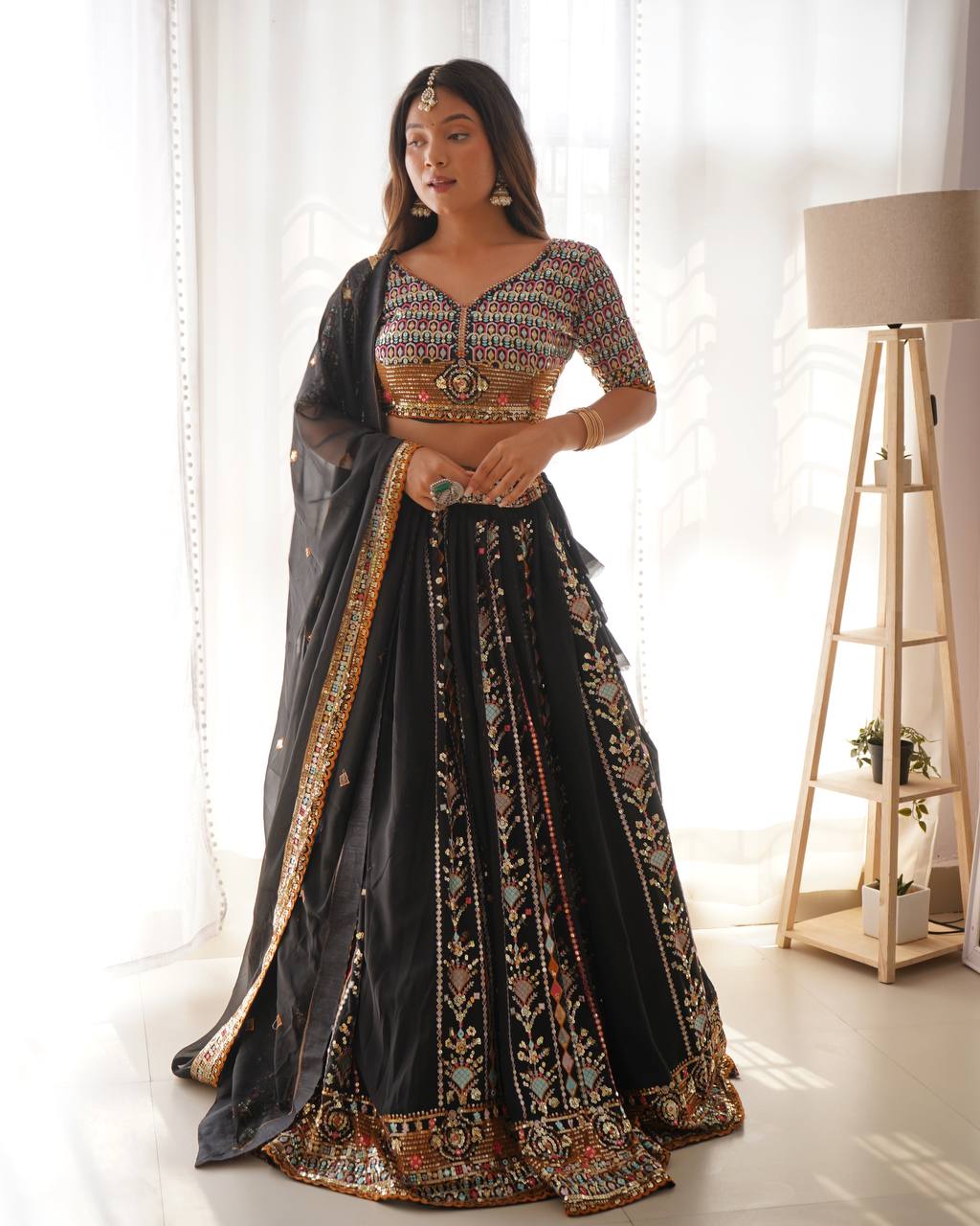 Elegant Black Faux Georgette Lehenga with Thread & Sequin Work