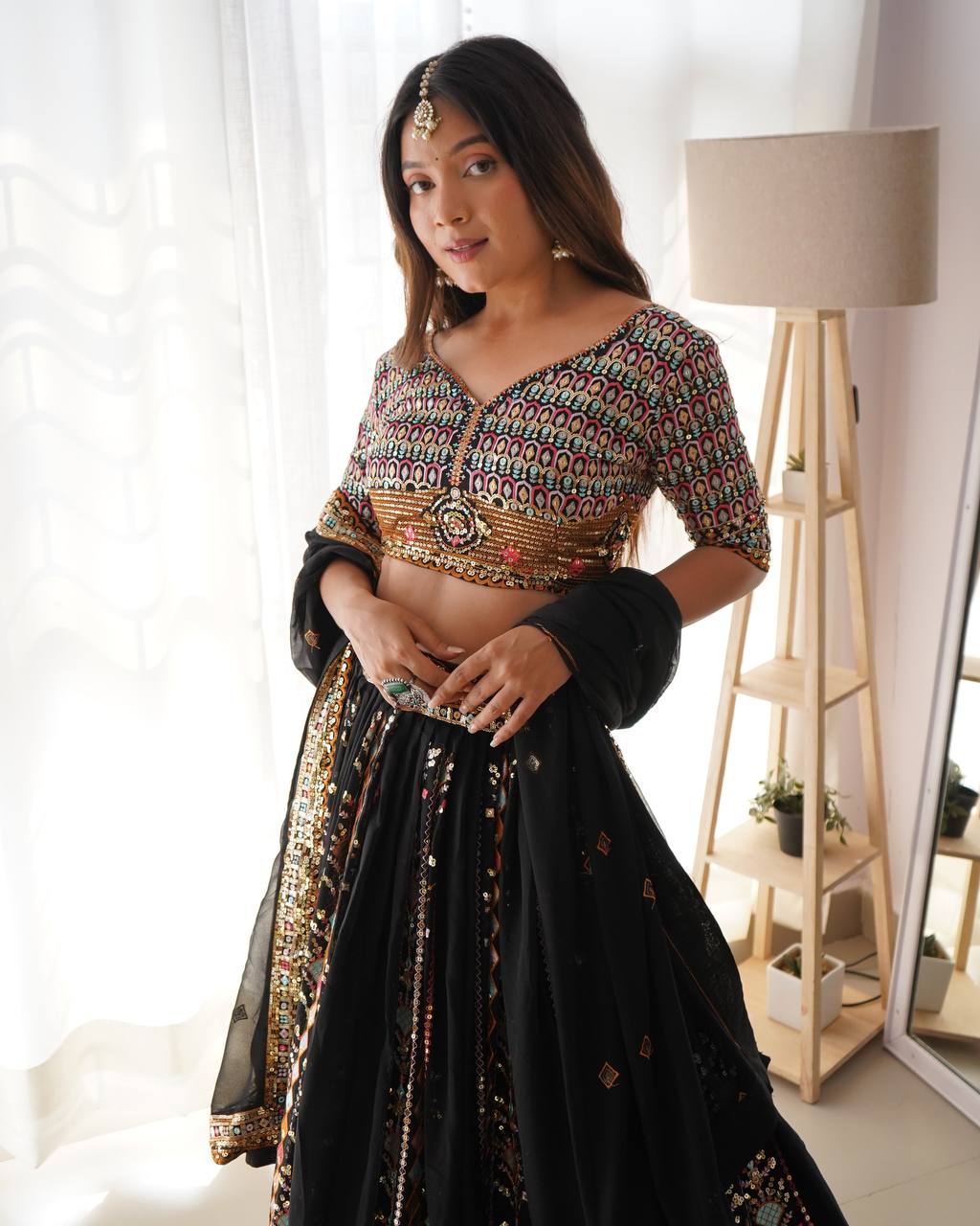 Elegant Black Faux Georgette Lehenga with Thread & Sequin Work
