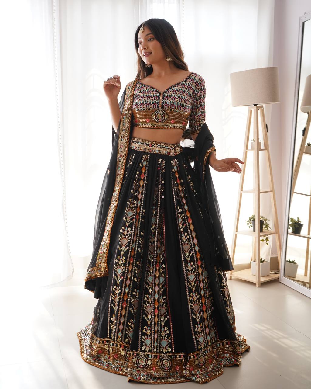 Elegant Black Faux Georgette Lehenga with Thread & Sequin Work