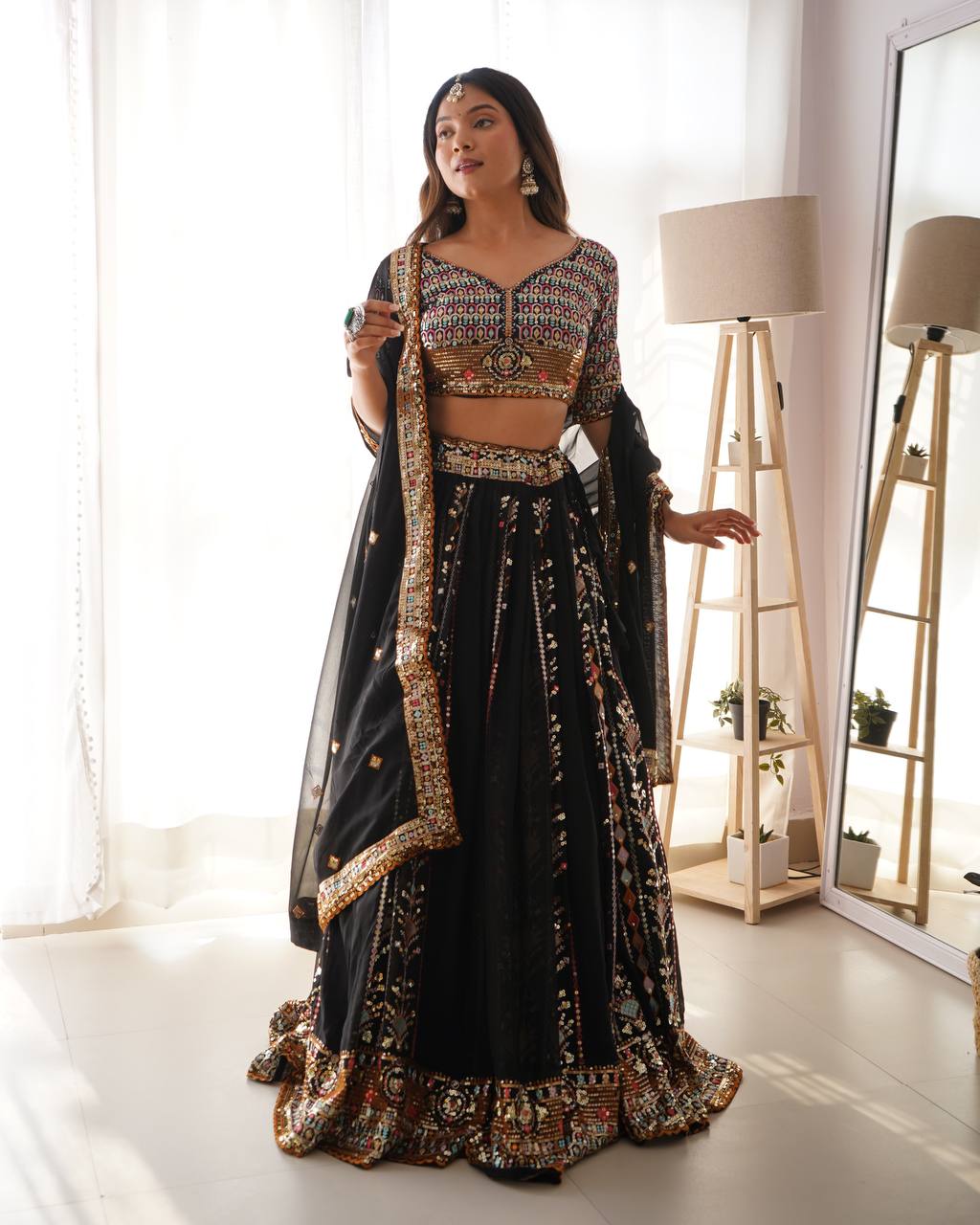 Elegant Black Faux Georgette Lehenga with Thread & Sequin Work
