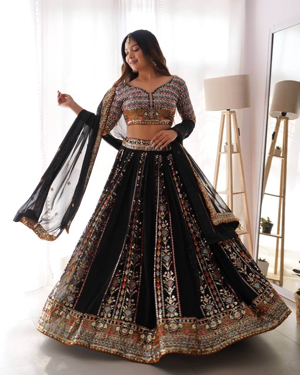 Elegant Black Faux Georgette Lehenga with Thread & Sequin Work