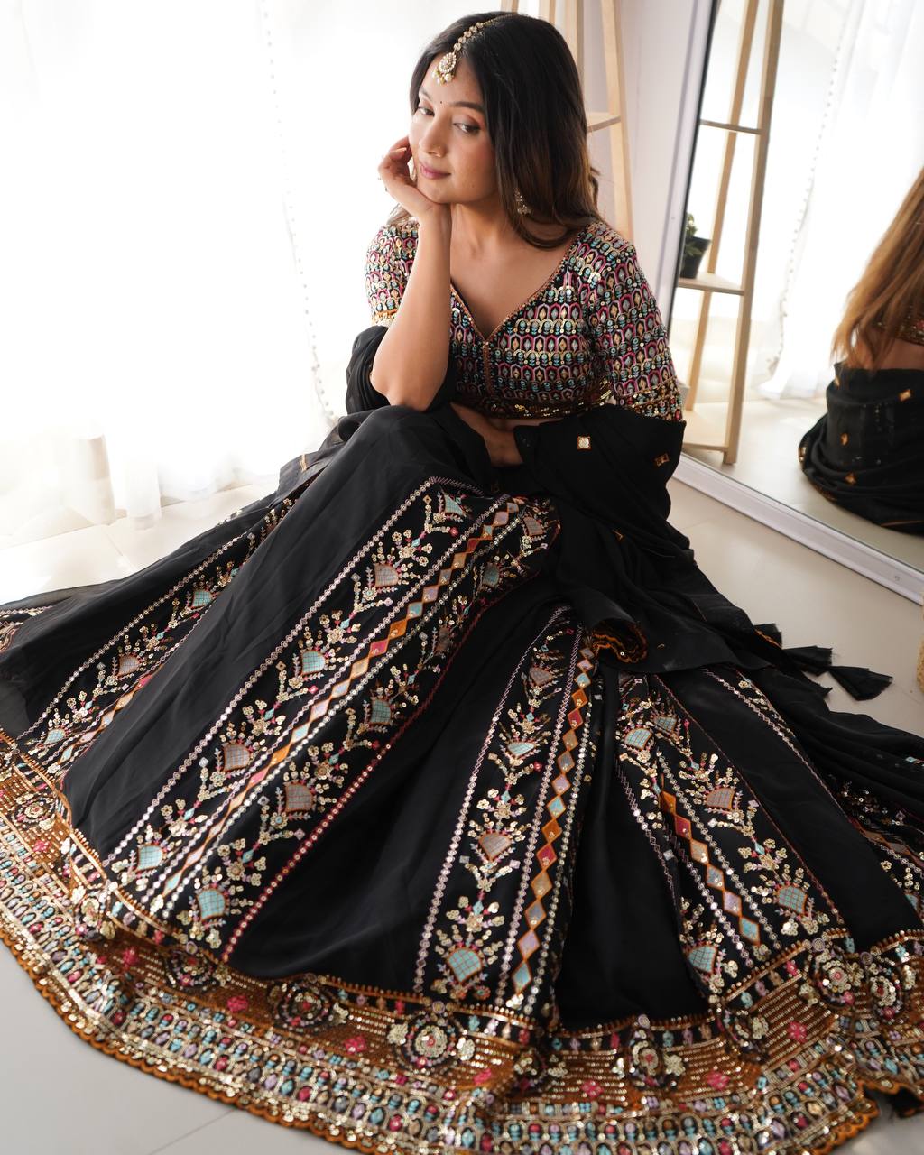 Elegant Black Faux Georgette Lehenga with Thread & Sequin Work