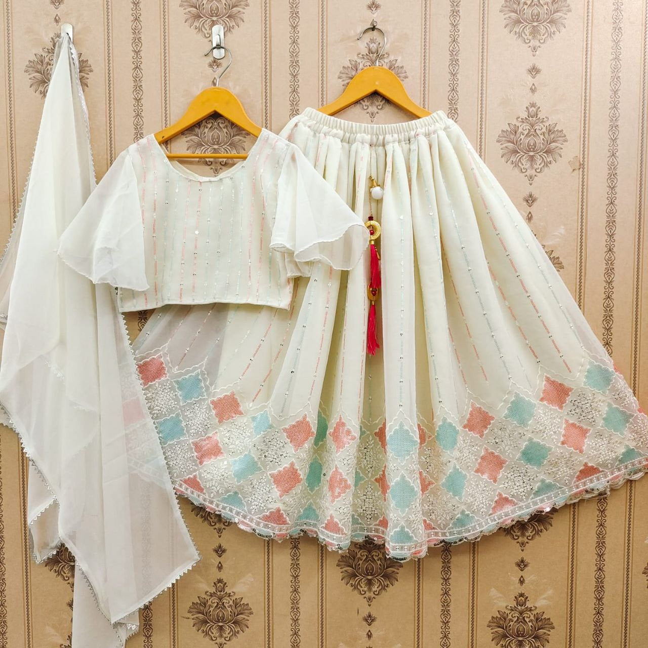 Trending 3-Colour Sequins Embroidered Lehenga Choli with Dupatta | Festive Cut-Work Collection