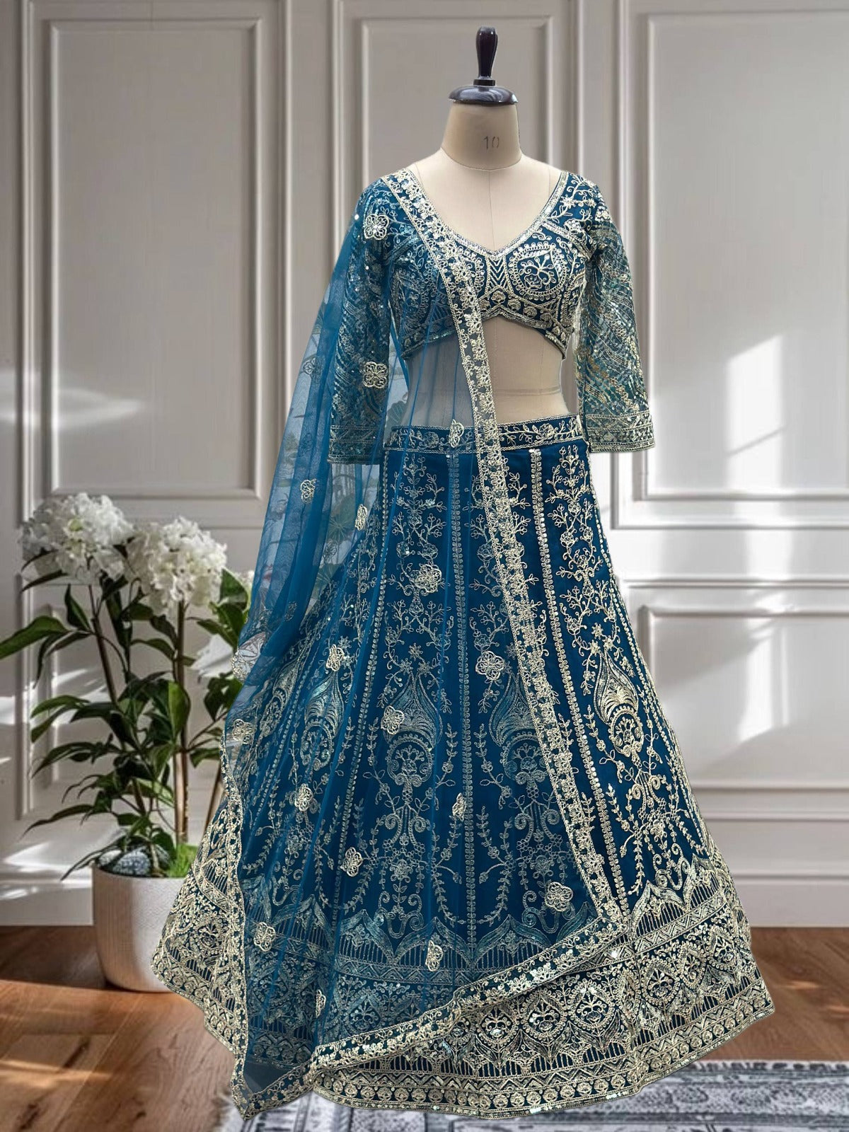 Embroidered Net Lehenga Choli with Dupatta | Sequence & Cording Work Design