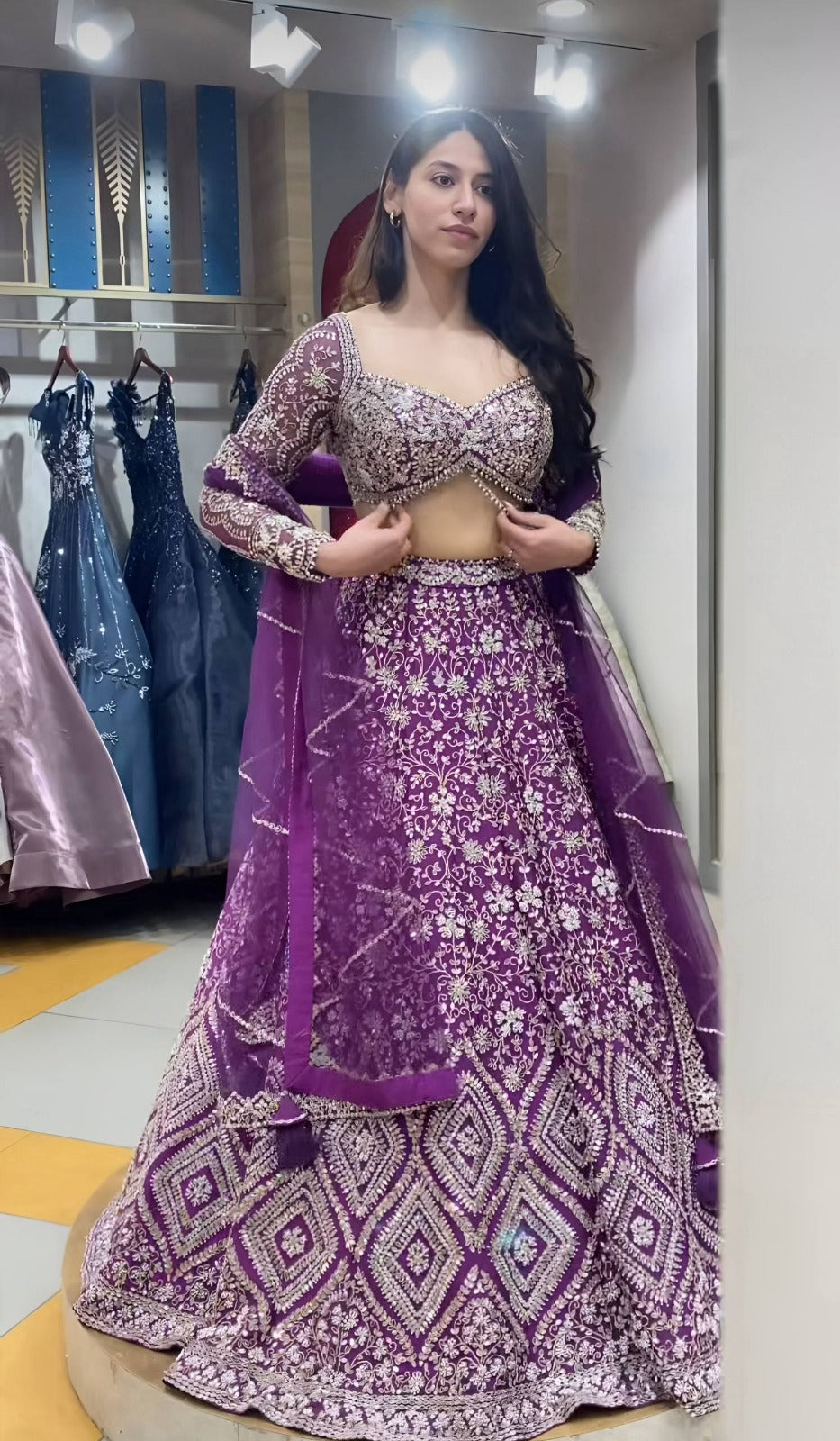 Purple Embroidered Net Lehenga Choli with Dupatta | Sequence & Cording Work Design