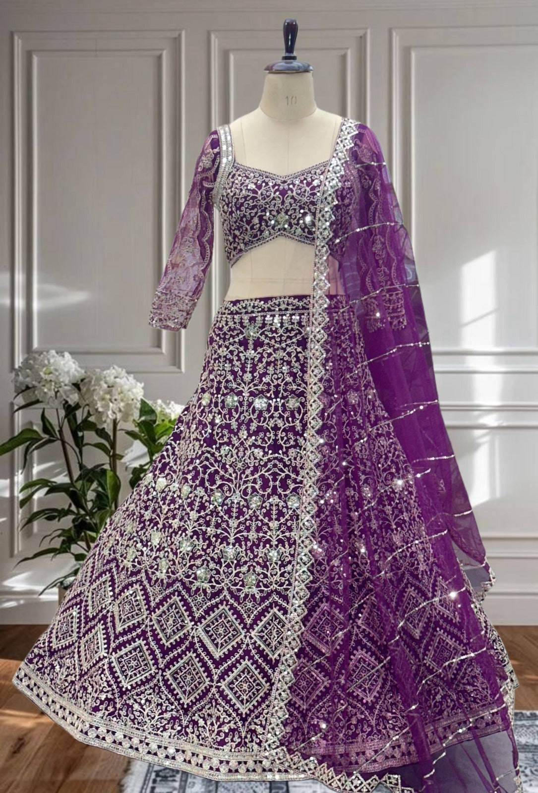 Purple Embroidered Net Lehenga Choli with Dupatta | Sequence & Cording Work Design