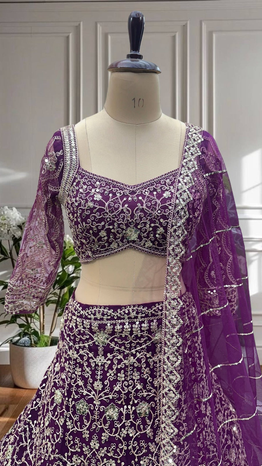 Purple Embroidered Net Lehenga Choli with Dupatta | Sequence & Cording Work Design
