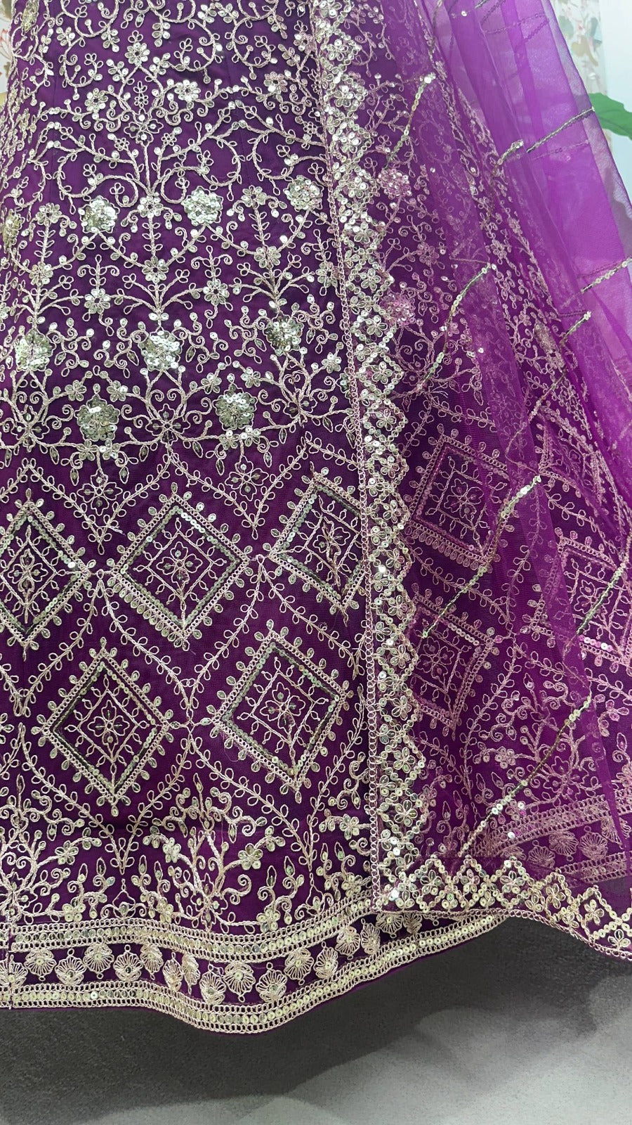 Purple Embroidered Net Lehenga Choli with Dupatta | Sequence & Cording Work Design