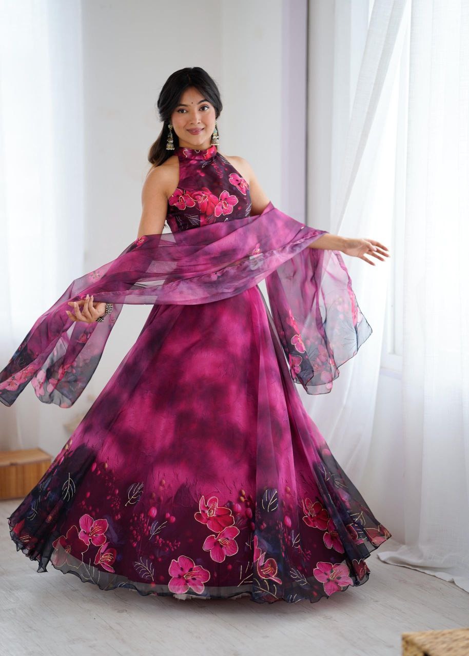 Pink & Burgundy Pure Organza Digital Print Lehenga Set with Jari Work