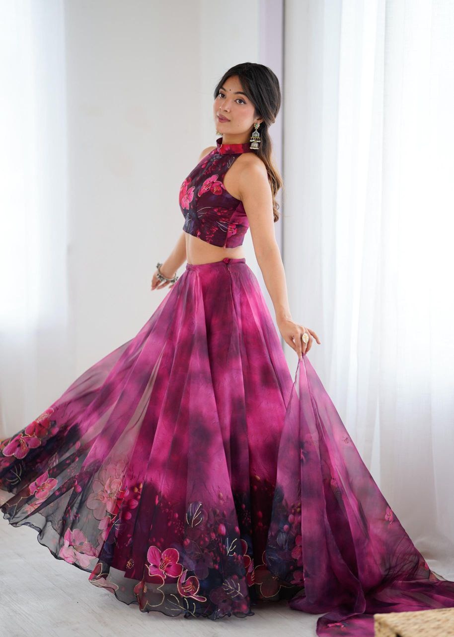 Pink & Burgundy Pure Organza Digital Print Lehenga Set with Jari Work