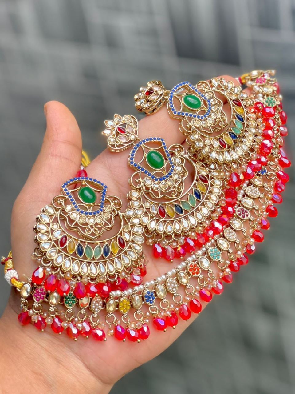 Premium Reverse AD Stone Work Choker Set with Earrings & Tikka