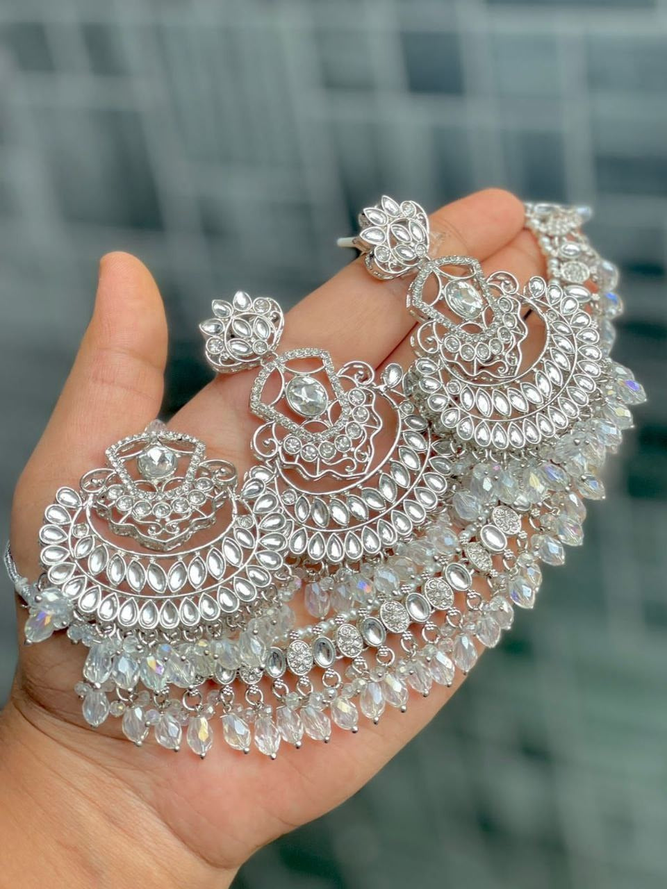 Premium Reverse AD Stone Work Choker Set with Earrings & Tikka