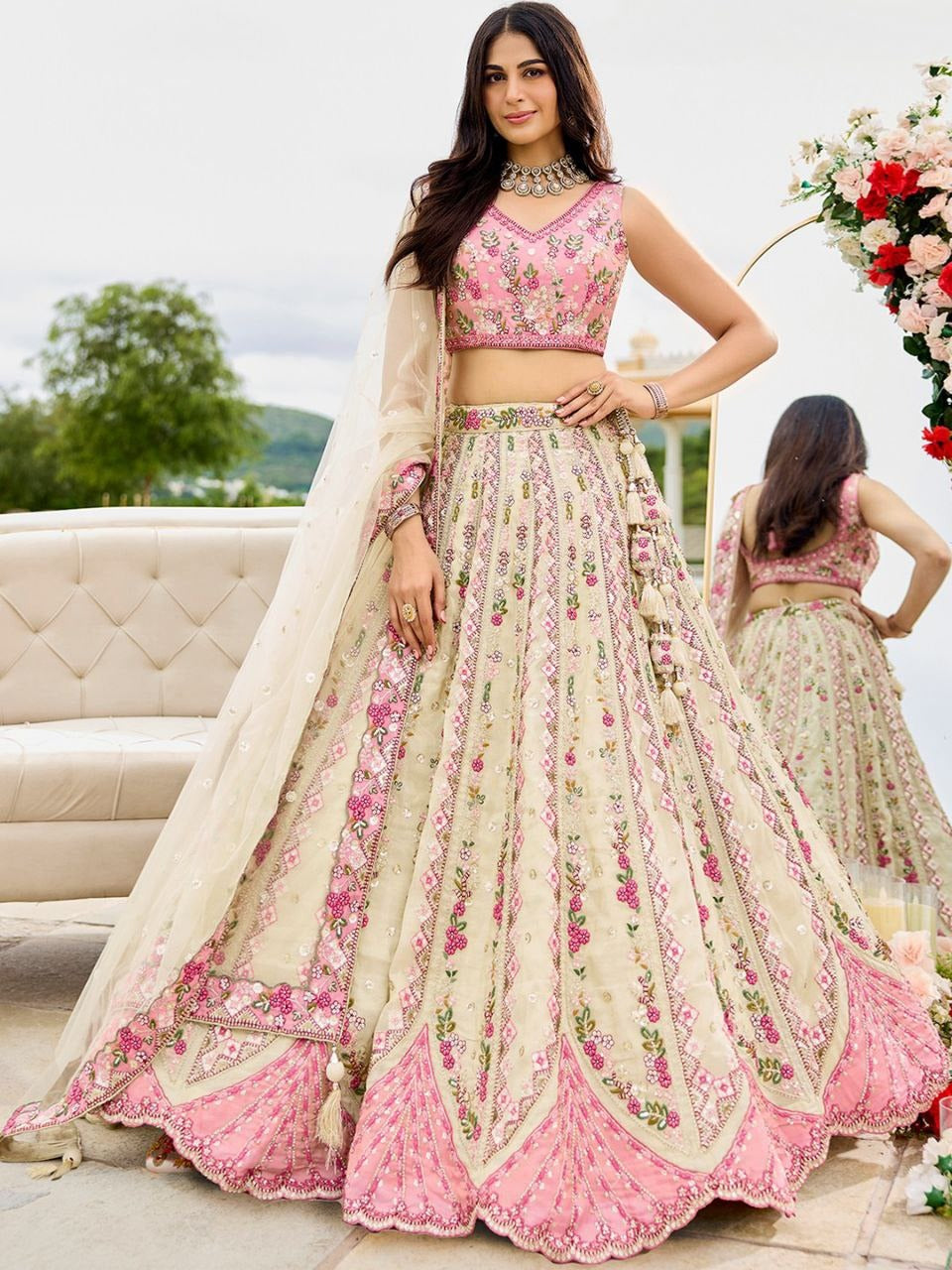 Elegant Light Pink & Light Blue Embroidered Lehenga Set with Cream Dupatta and Handcrafted Tassel Latkan