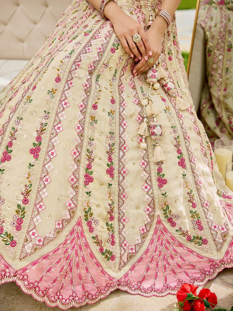 Elegant Light Pink & Light Blue Embroidered Lehenga Set with Cream Dupatta and Handcrafted Tassel Latkan