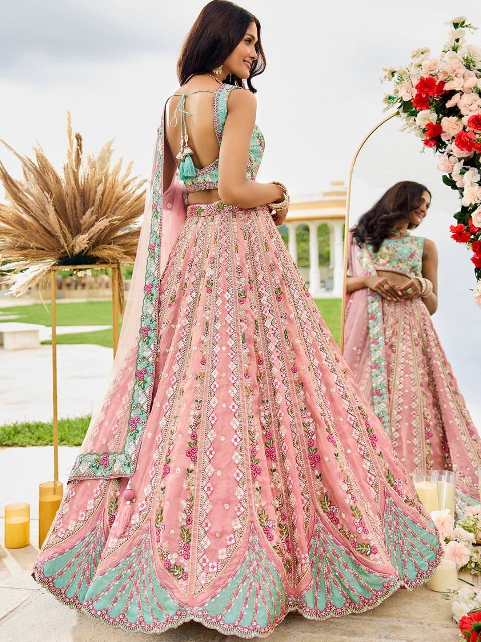 Elegant Light Pink & Light Blue Embroidered Lehenga Set with Cream Dupatta and Handcrafted Tassel Latkan
