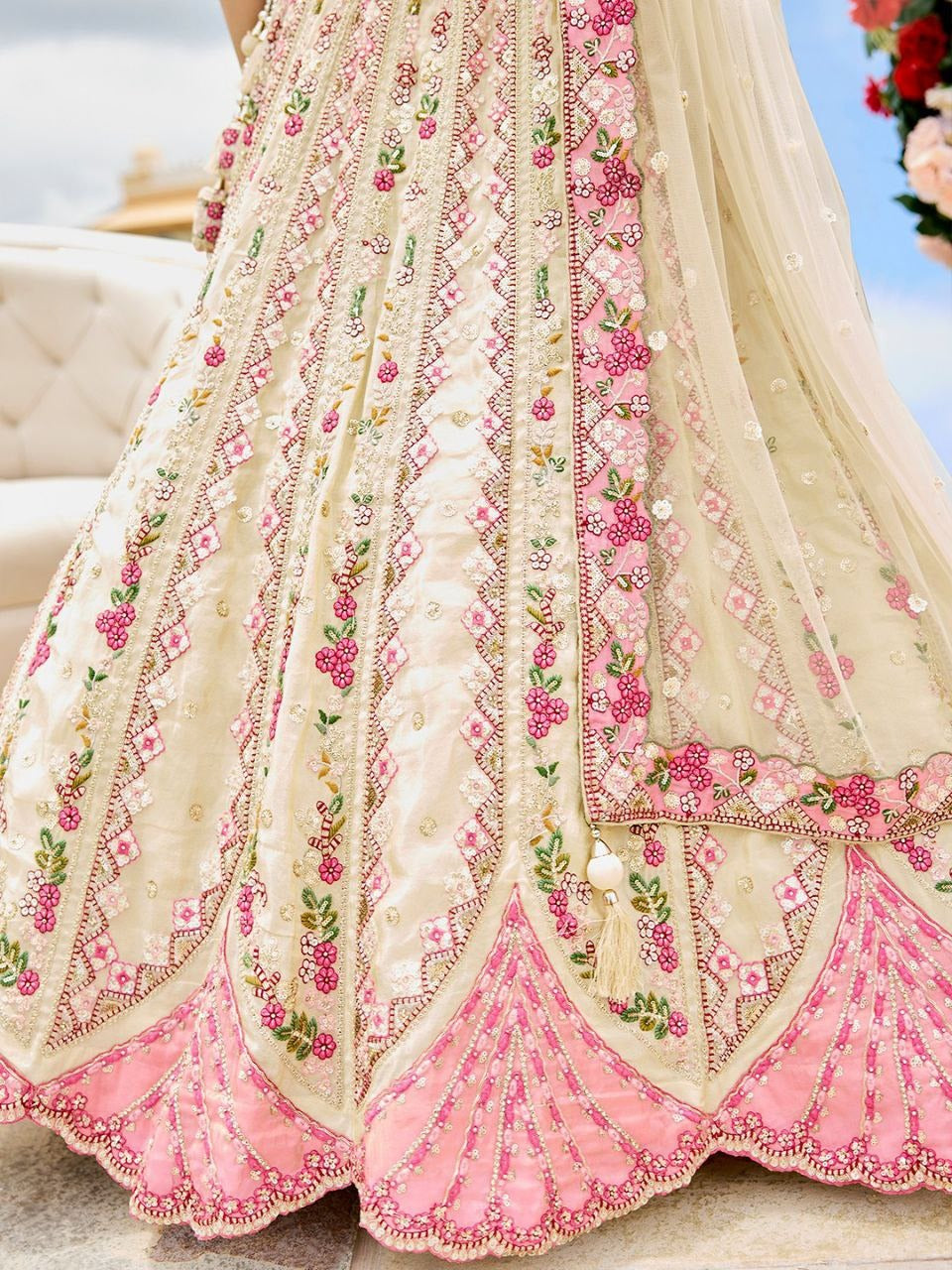 Elegant Light Pink & Light Blue Embroidered Lehenga Set with Cream Dupatta and Handcrafted Tassel Latkan