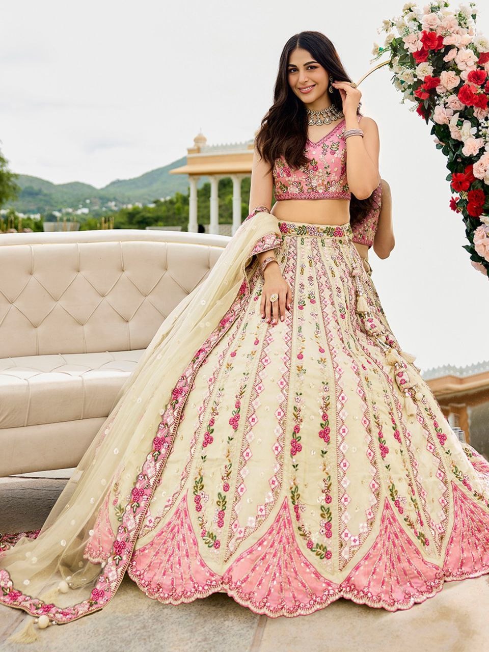 Elegant Light Pink & Light Blue Embroidered Lehenga Set with Cream Dupatta and Handcrafted Tassel Latkan