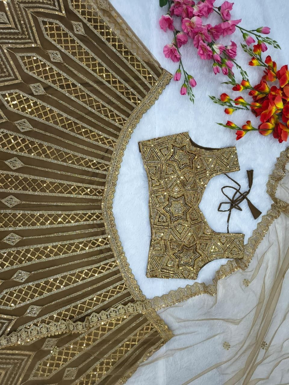 Regal Gold Embroidered Lehenga Set with Handcrafted Detailing & Net Dupatta