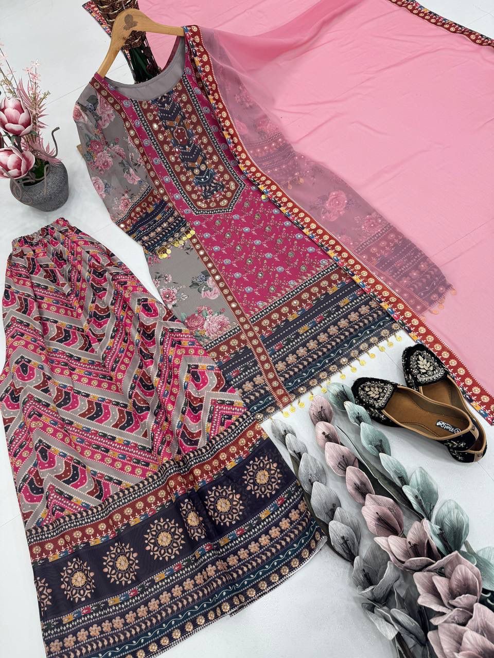 Blush Bloom Fendy Satin Sharara Gown Set | Mirror & Sequin Party Wear Perfection