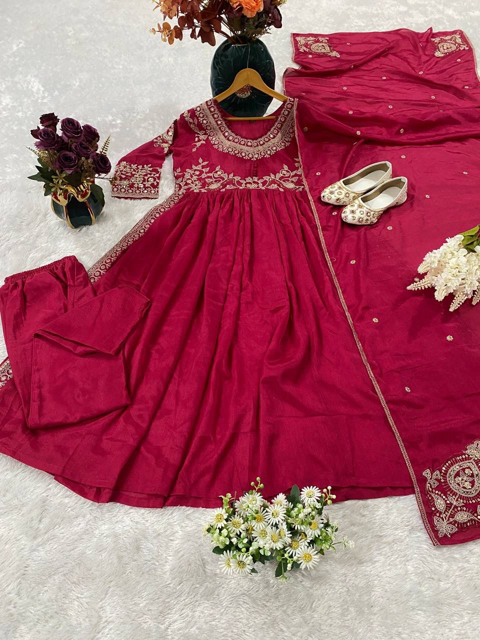 Blush Radiance Chinon Gown Set | Thread & Sequin Embroidered Festival Collection