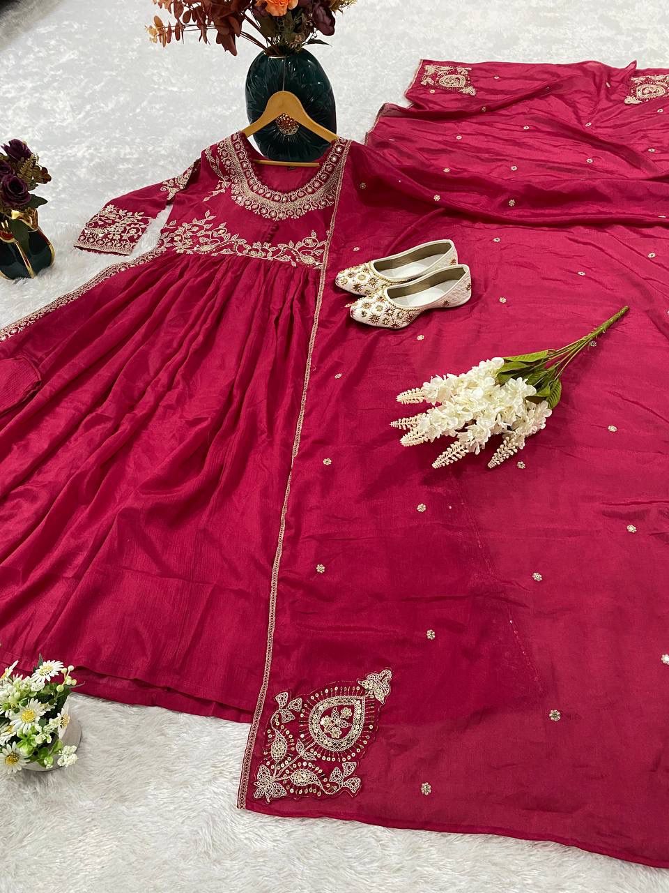 Blush Radiance Chinon Gown Set | Thread & Sequin Embroidered Festival Collection