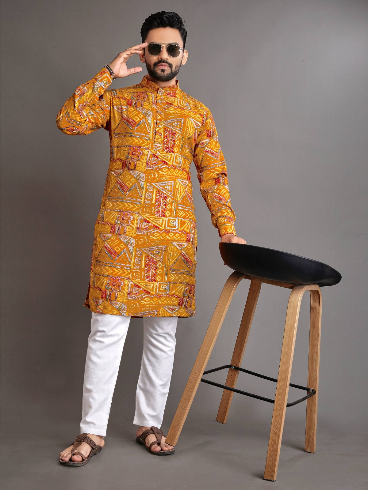 Men’s Multicolor Foil Print Kurta Pajama Set