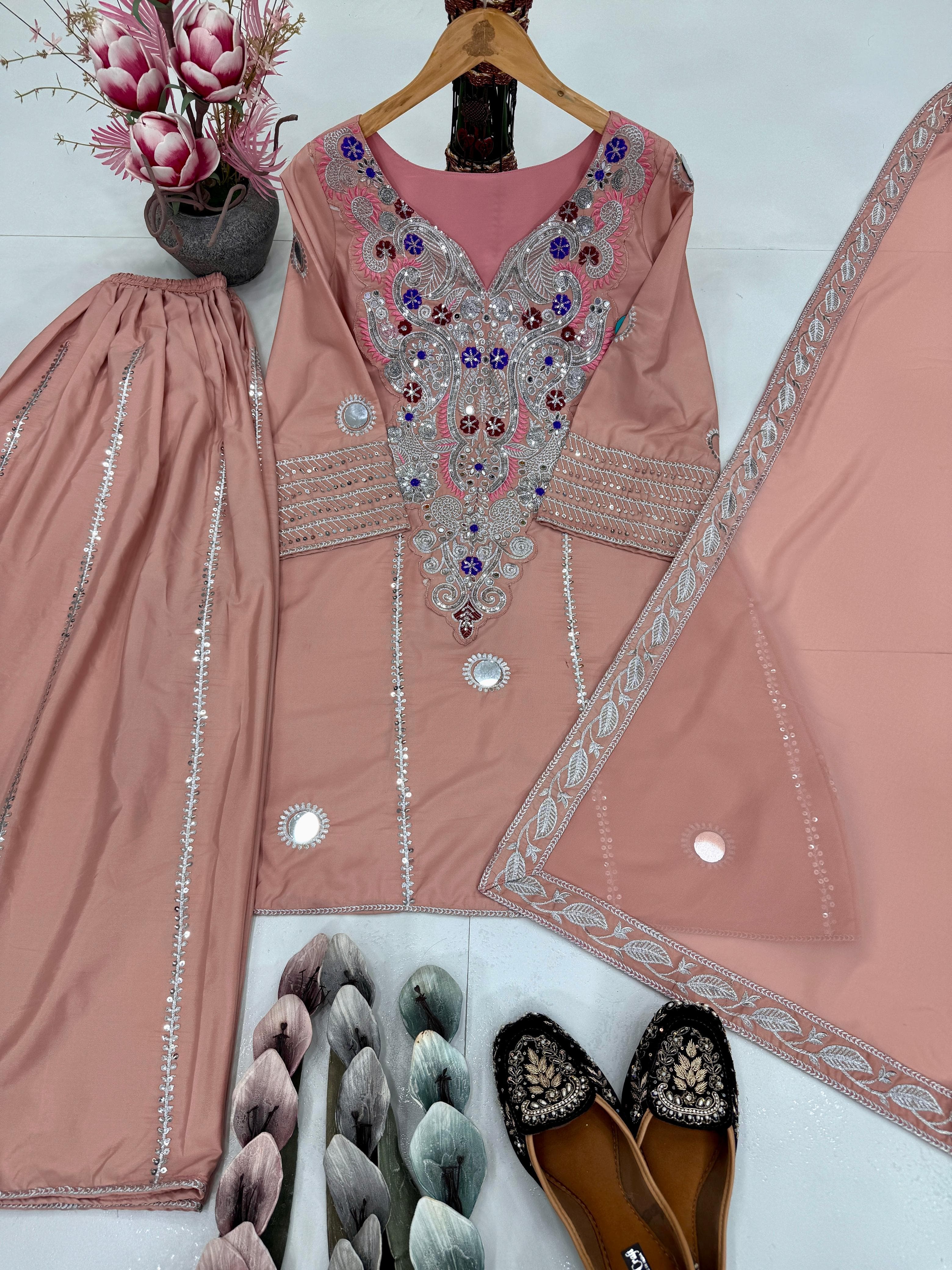 Designer Heavy Natural Crepe Sharara Set with Sequin & Mirror Embroidery