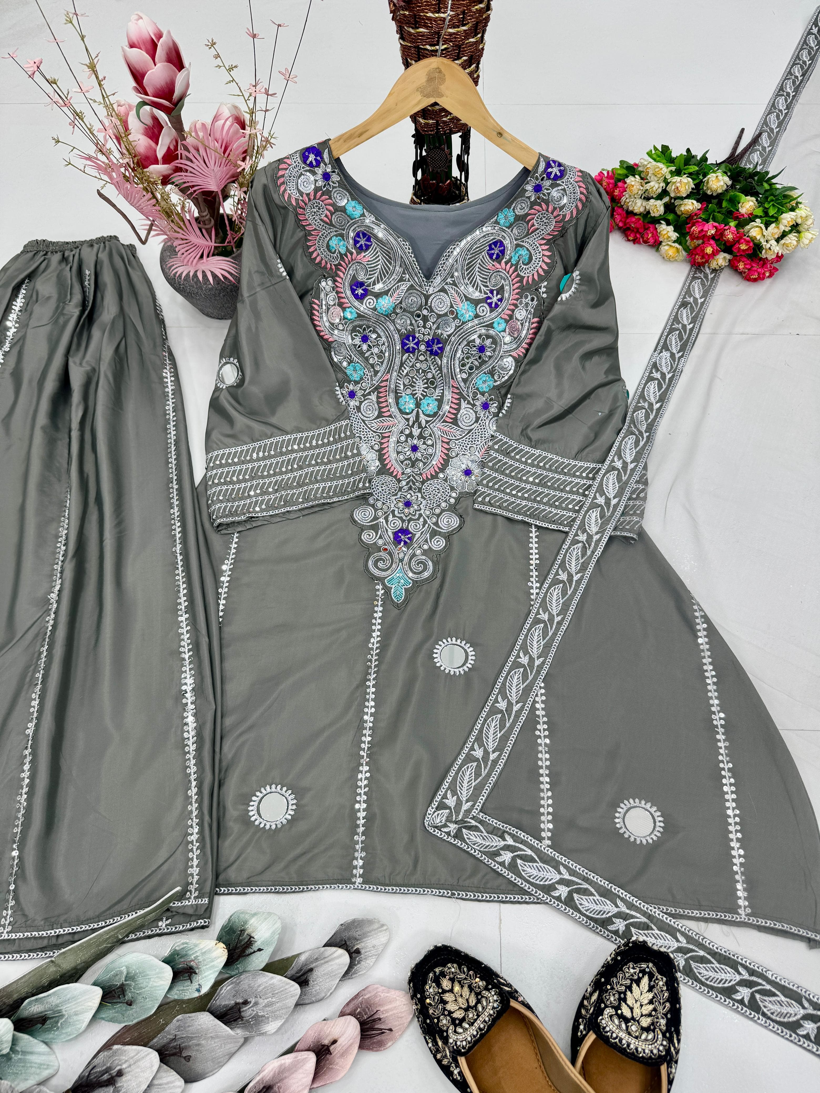 Designer Heavy Natural Crepe Sharara Set with Sequin & Mirror Embroidery