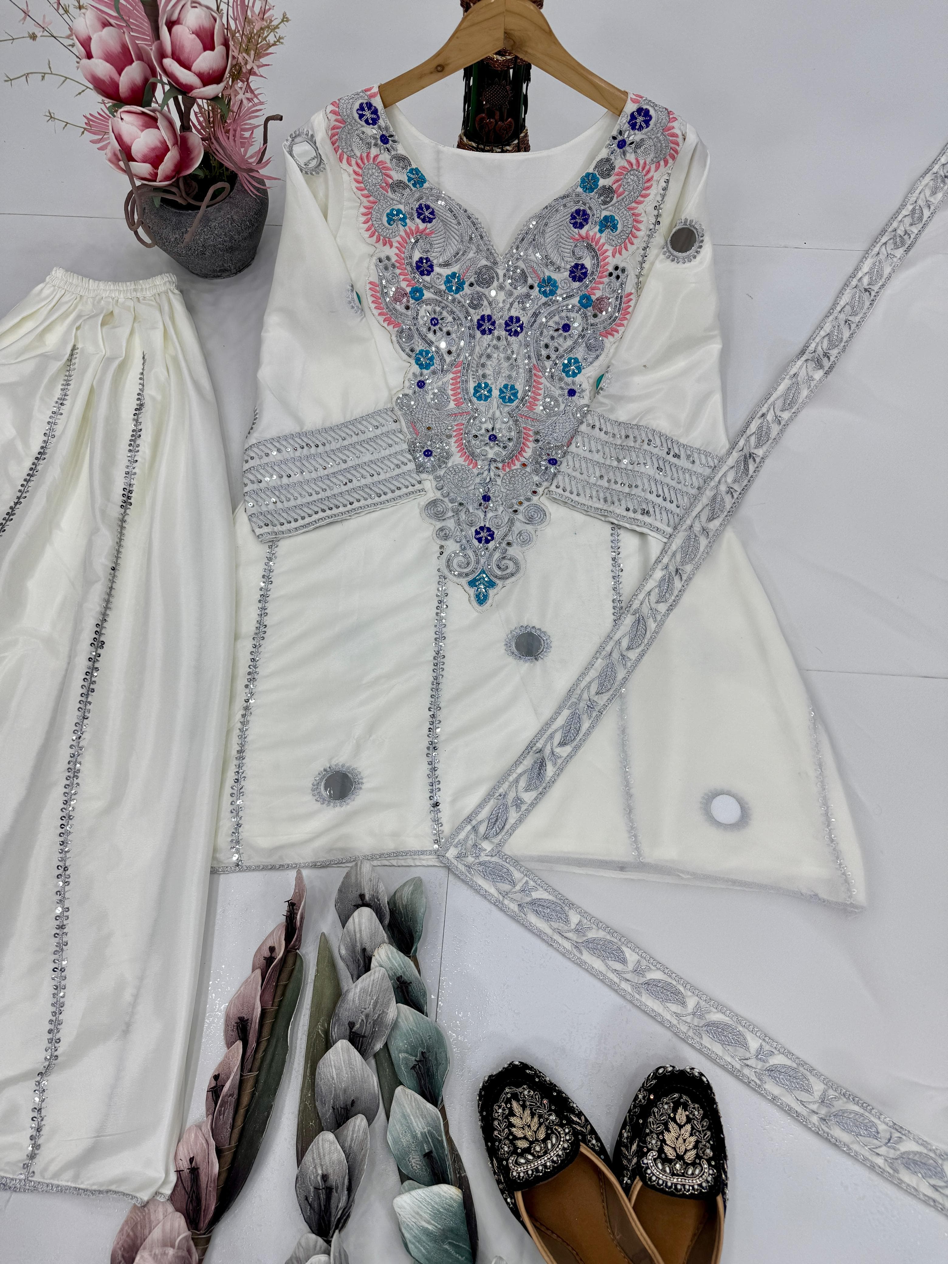 Designer Heavy Natural Crepe Sharara Set with Sequin & Mirror Embroidery