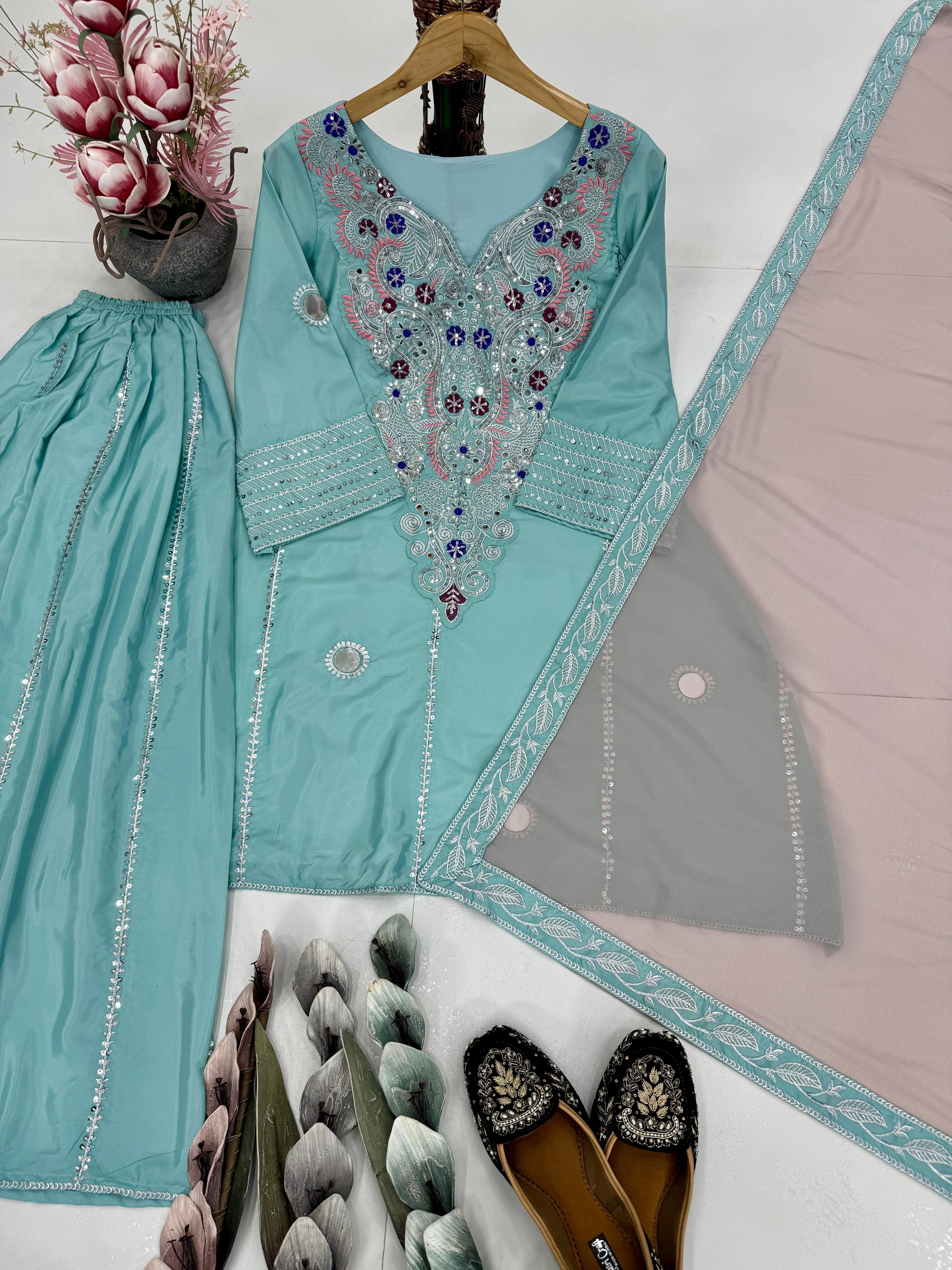 Designer Heavy Natural Crepe Sharara Set with Sequin & Mirror Embroidery