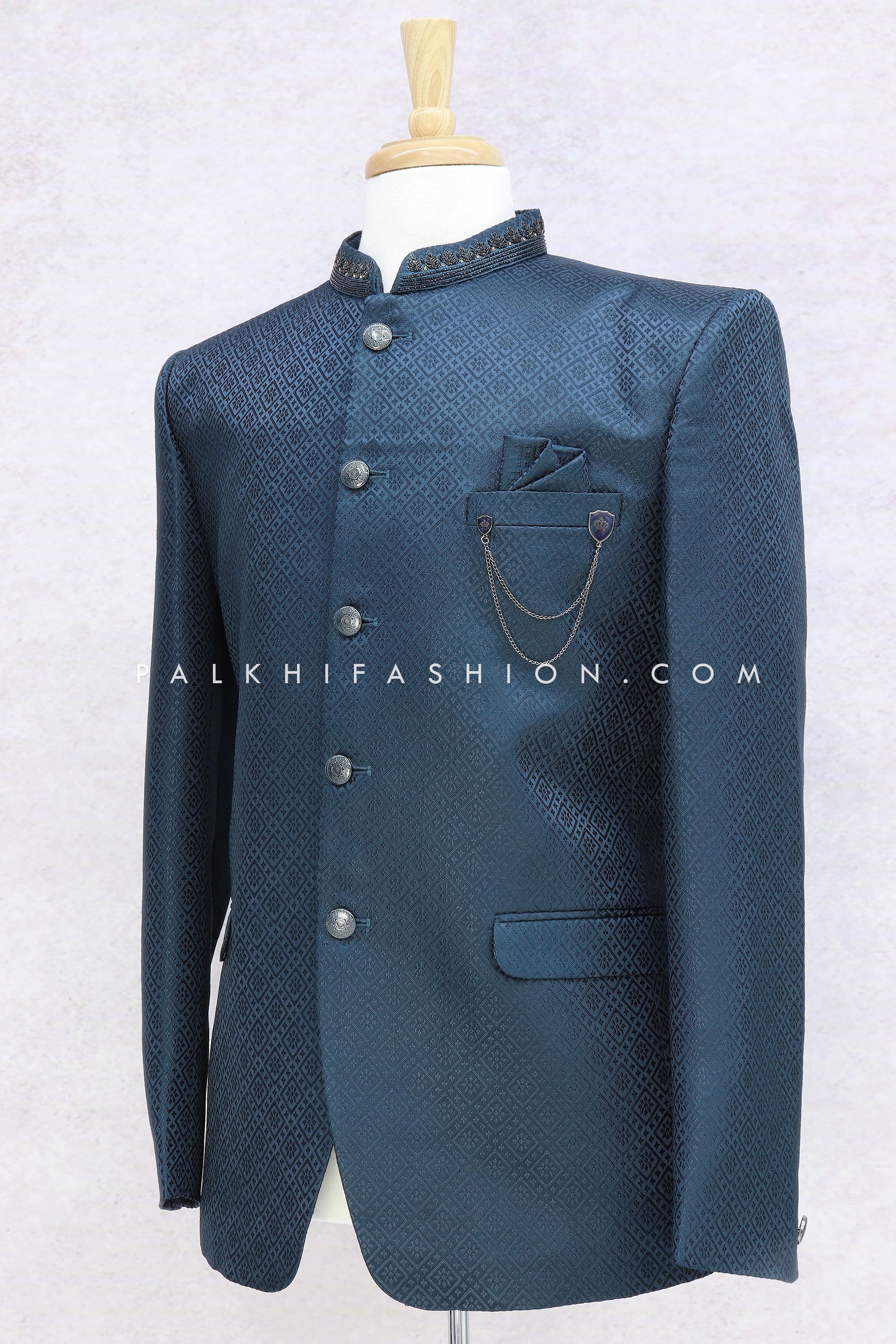 Alluring Petrol Blue Jodhpuri Suit With Handwork