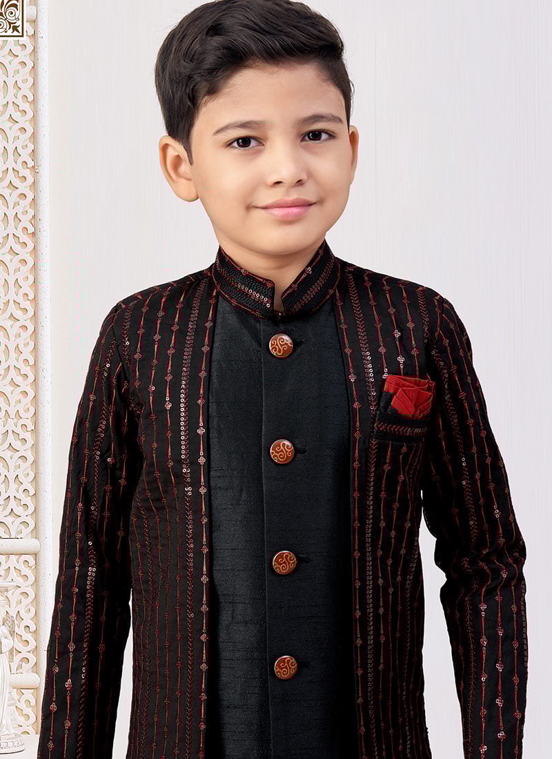 Black Silk Embroidered Sequins Boys Indowestern Sherwani Wedding Wear