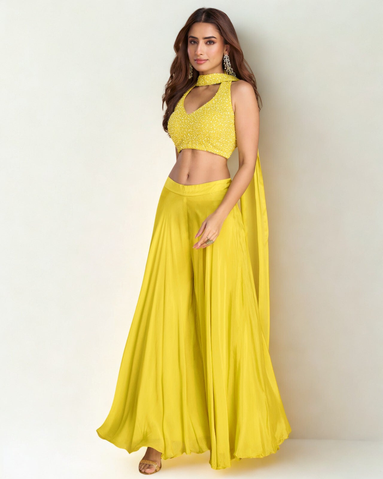 3 Piece Fusion Set | Embroidery Blouse, Palazzo & Dupatta