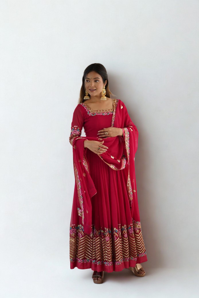Elegant Embroidered Sequin Designer Anarkali Three Piece Set – Gown, Bottom & Dupatta (Ready to Wear)