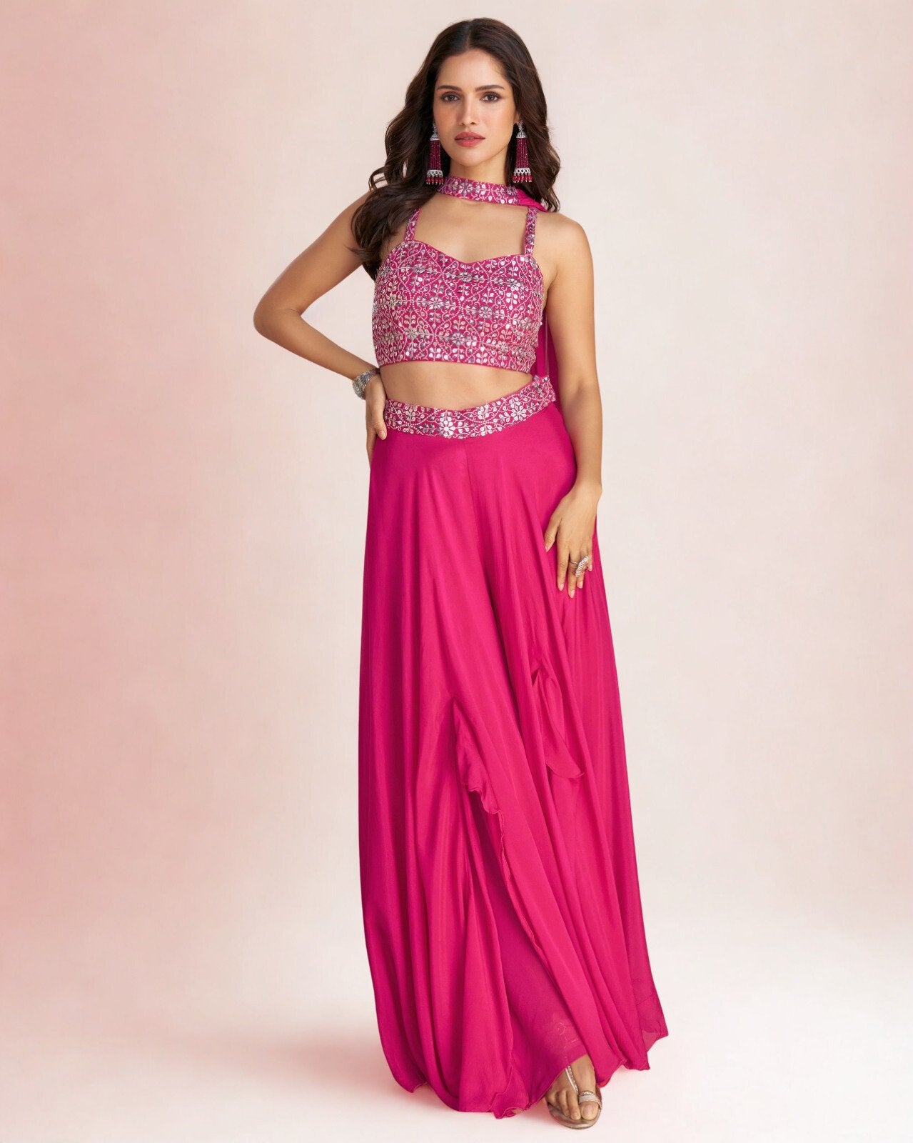 3 Piece Fusion Set | Embroidery Blouse, Palazzo & Dupatta