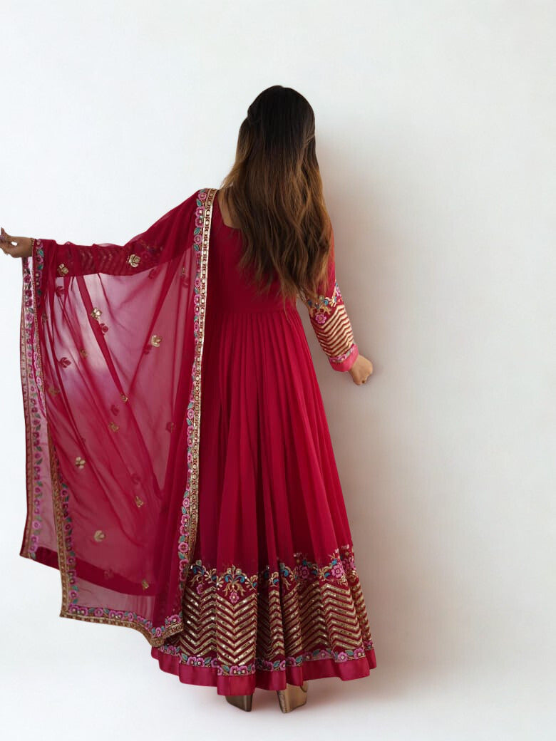 Elegant Embroidered Sequin Designer Anarkali Three Piece Set – Gown, Bottom & Dupatta (Ready to Wear)