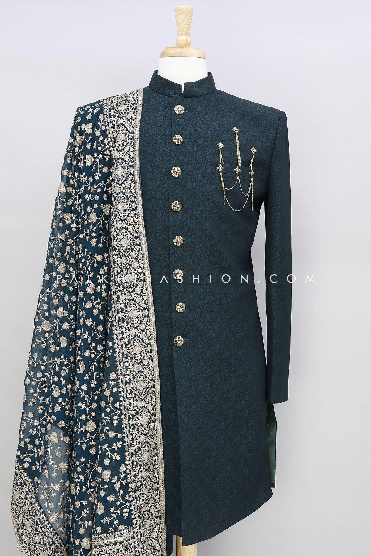 Dark Teal Pure Silk Indo-Western With Lakhnavi Work Dupatta