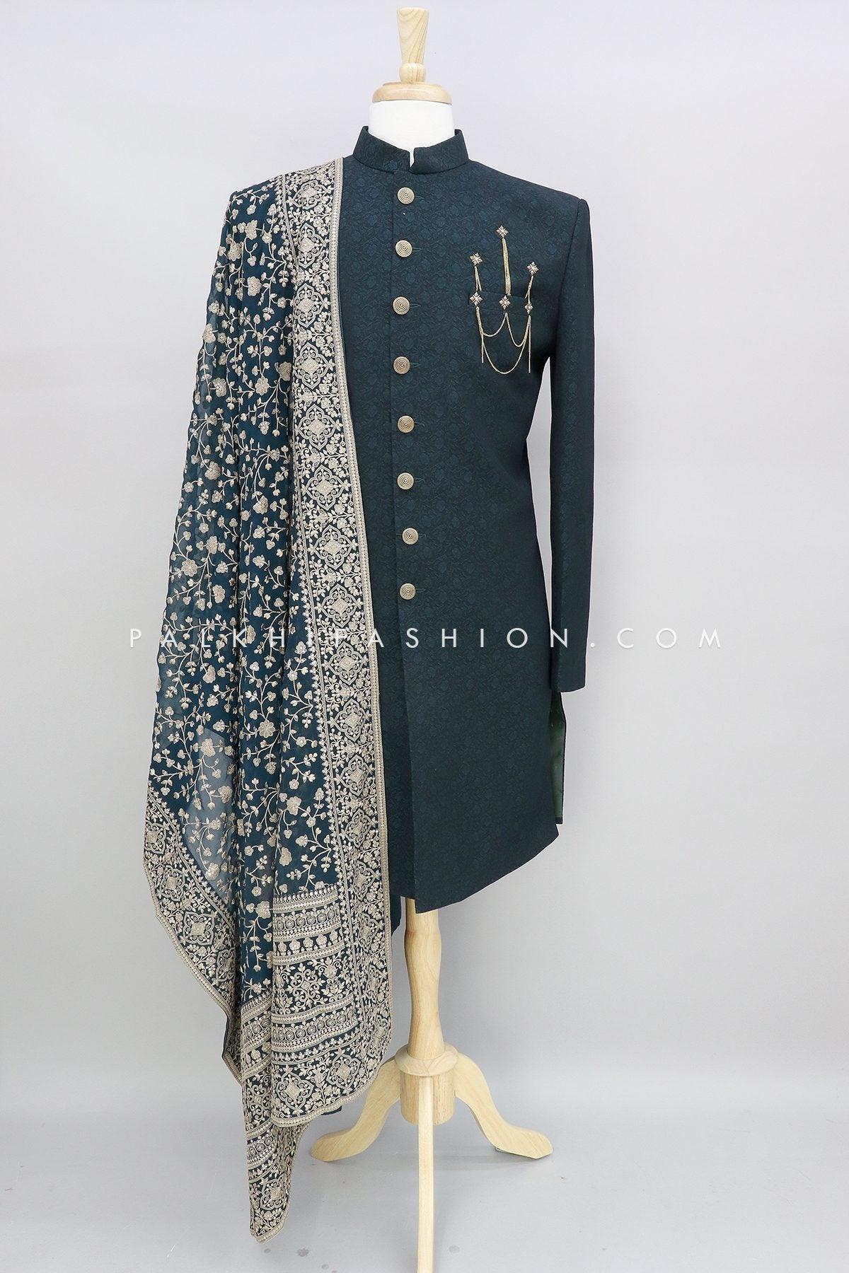 Dark Teal Pure Silk Indo-Western With Lakhnavi Work Dupatta