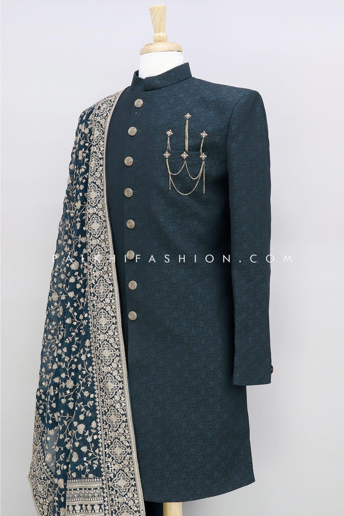 Dark Teal Pure Silk Indo-Western With Lakhnavi Work Dupatta