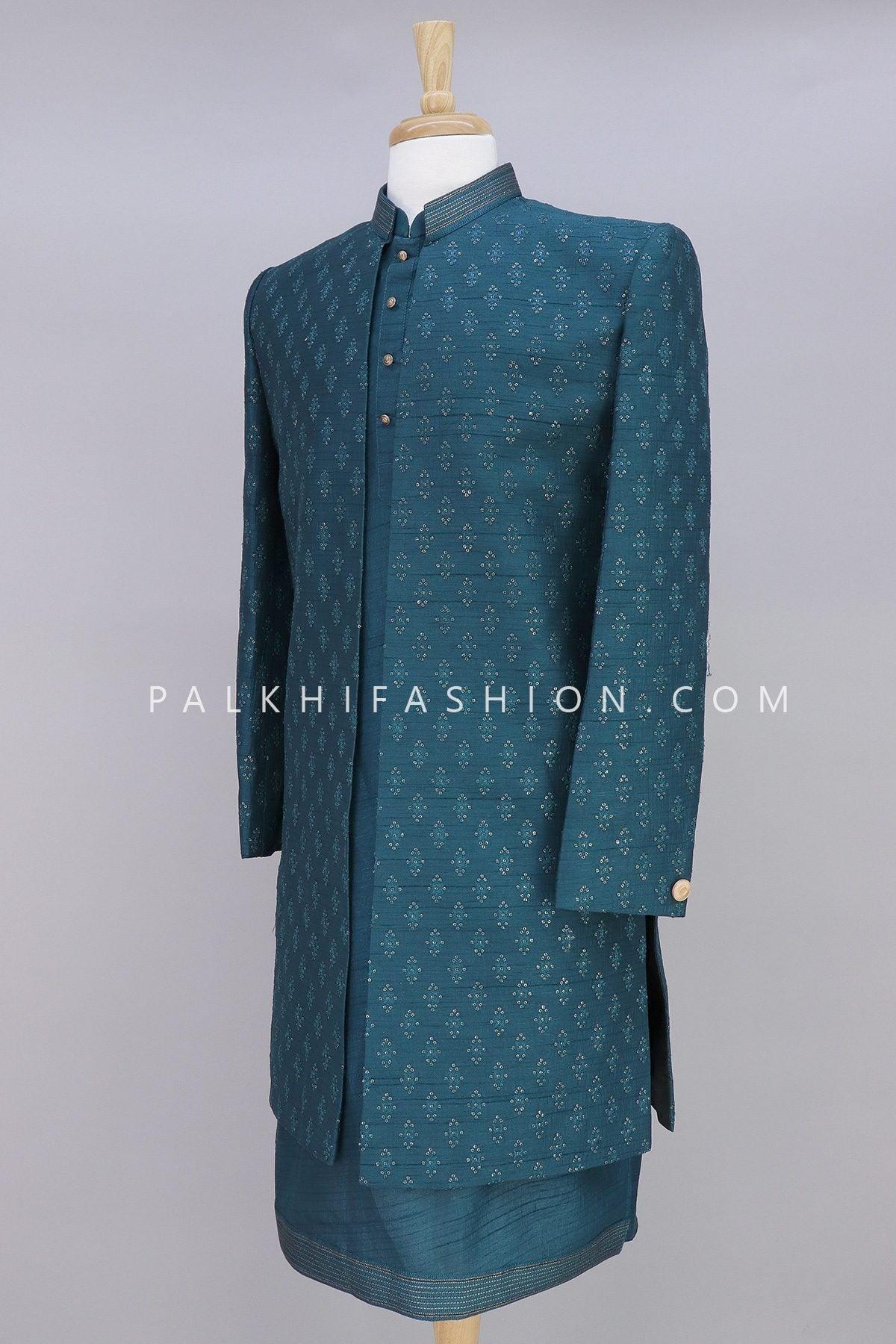 Designer Teal Color Pure Silk Indo-Western With Jacket