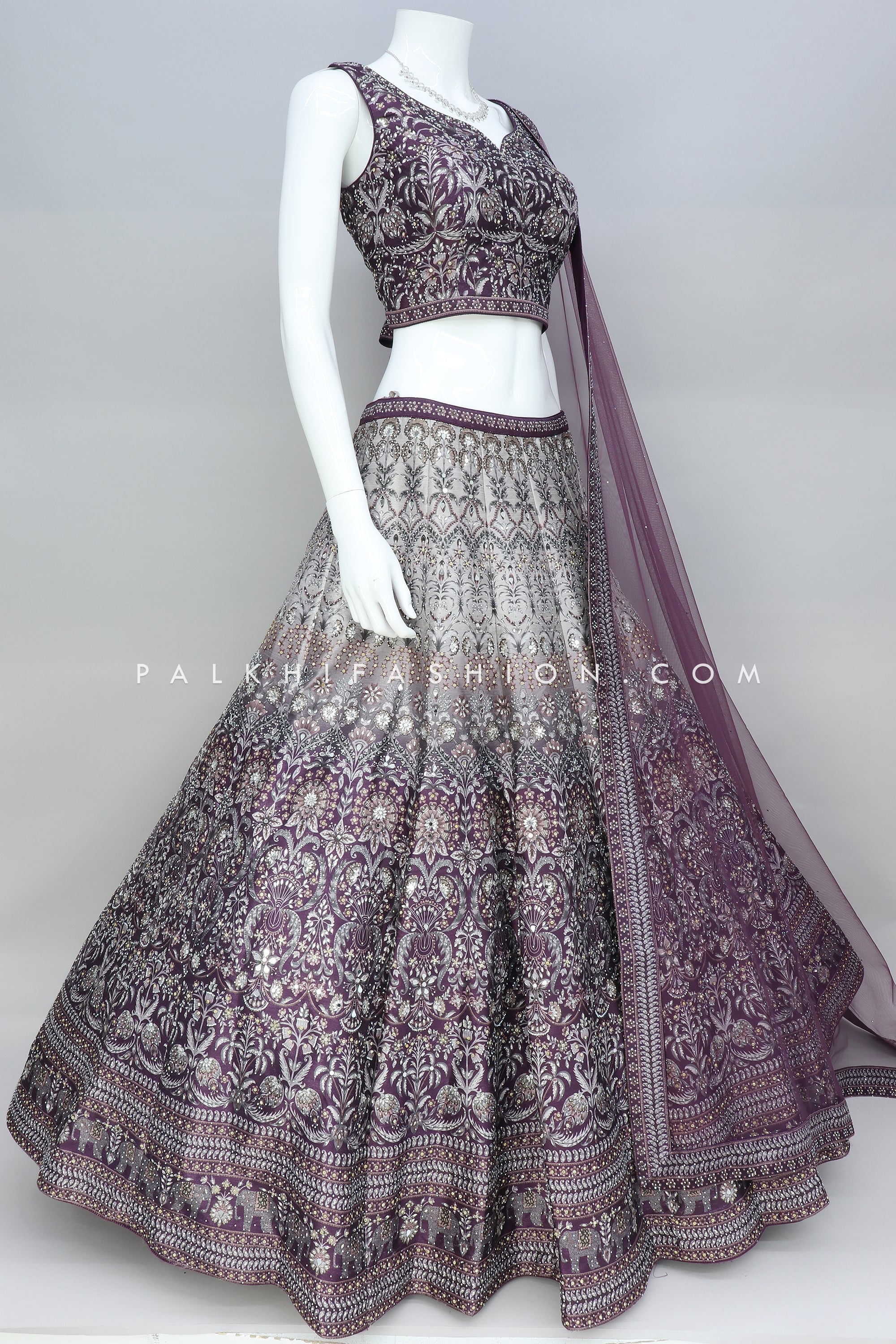 Designer Wine Ombre Lehenga Choli With Stone Work